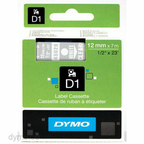 Dymo S0720600 Flexible Nylon Tape D1 White On Transparent 12mm X 7m