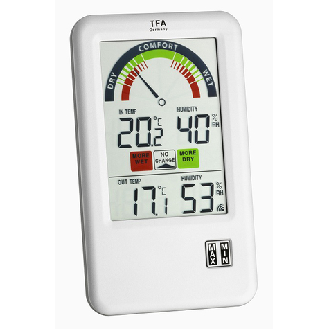tfa 30.3045 - λευκό - υγρόμετρο εσωτερικού χώρου - θερμόμετρο εσωτερικού χώρου - υγρόμετρο εξωτερικού χώρου - θερμόμετρο εξωτερικού χώρου - υγρόμετρο,θερμόμετρο - υγρόμετρο,θερμόμετρο - πλαστικό - 1 - 99%.