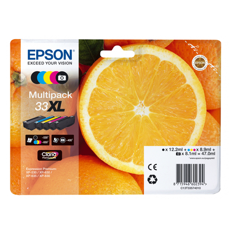 epson πορτοκαλί multipack 5 χρωμάτων 33xl claria premium ink - πρωτότυπο - μελάνι χρωστικής / μελάνι χρωστικής - μαύρο - κυανό - ματζέντα - μαύρο φωτογραφικό - κίτρινο - epson - - expression premium xp-900 - expression premium xp-830 - expression premium 