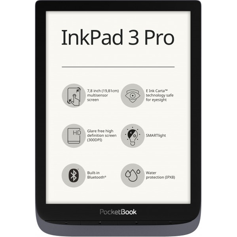 pocketbook inkpad 3 pro - 19,8 cm (7,8 ίντσες) - e ink carta - 1404 x 1872 pixel - cbr,cbz,chm,doc,docx,djvu,epub drm,fb2,fb2.zip,htm,html,mobi,pdf,prc,rtf,txt - mp3 - bmp,jpeg,png,tif