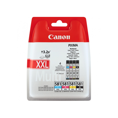 canon cli-581xxl multipack - αυθεντικό - μελάνι χρωστικής - μαύρο - κυανό - ματζέντα - κίτρινο - canon - pixma ts8152 pixma ts8150 pixma ts6150 pixma ts8151 pixma ts6151 pixma ts9150 pixma ts9155 pixma... 11.7 ml