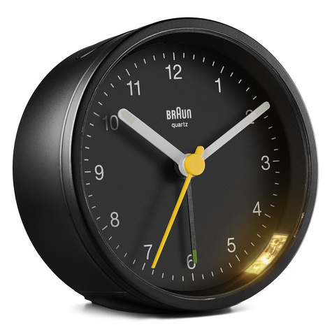 braun quartz alarm clock black 7,5x7,5cm - ξυπνητήρι χαλαζία - στρογγυλό - μαύρο - αναλογικό - κίτρινο - μπαταρία/συσσωρευτής