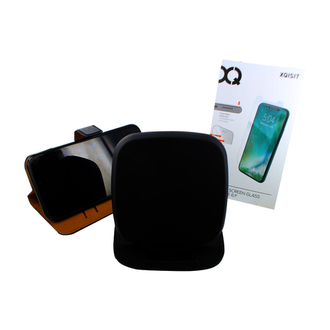 xqisit premium πακέτο θήκη βιβλίου iphone xr + μετριασμένο γυαλί + ασύρματο μαξιλάρι